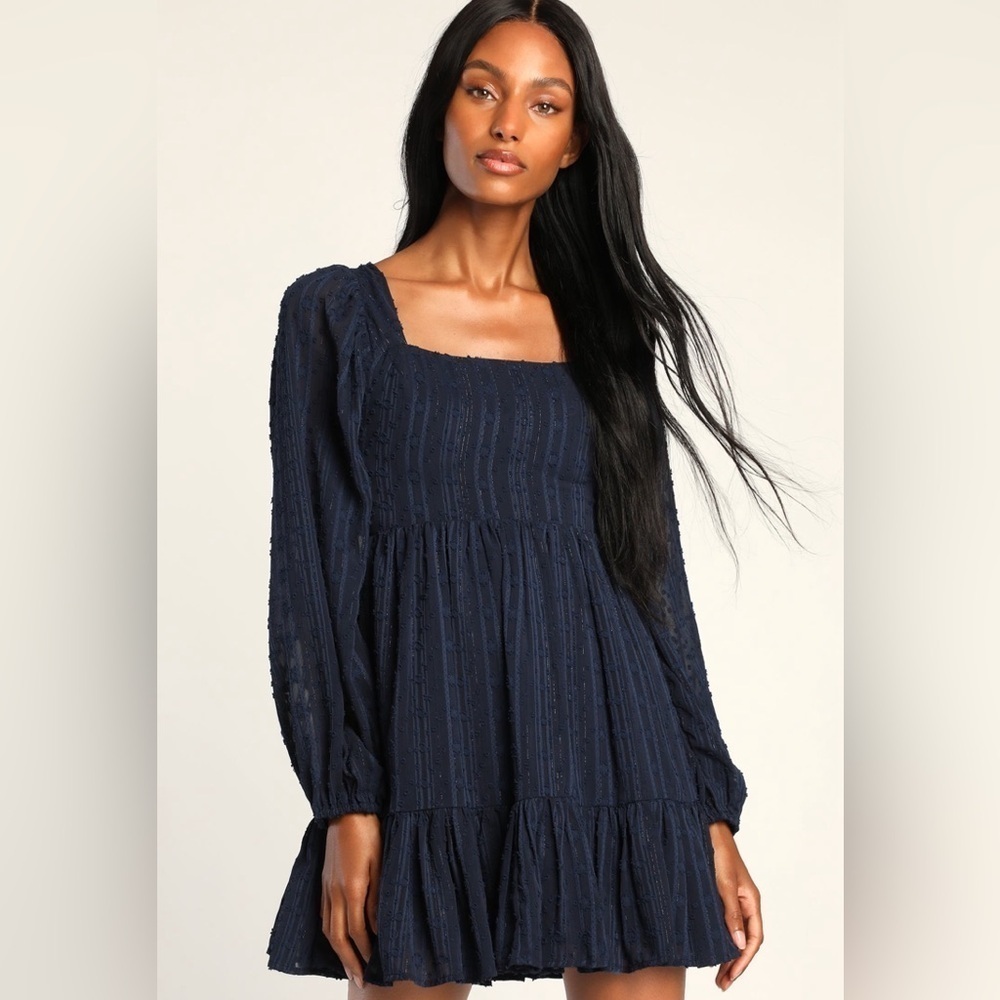 NWT Lulus Only You & Me Navy Tie Back Long Sleeve Mini Skater Dress Size Small